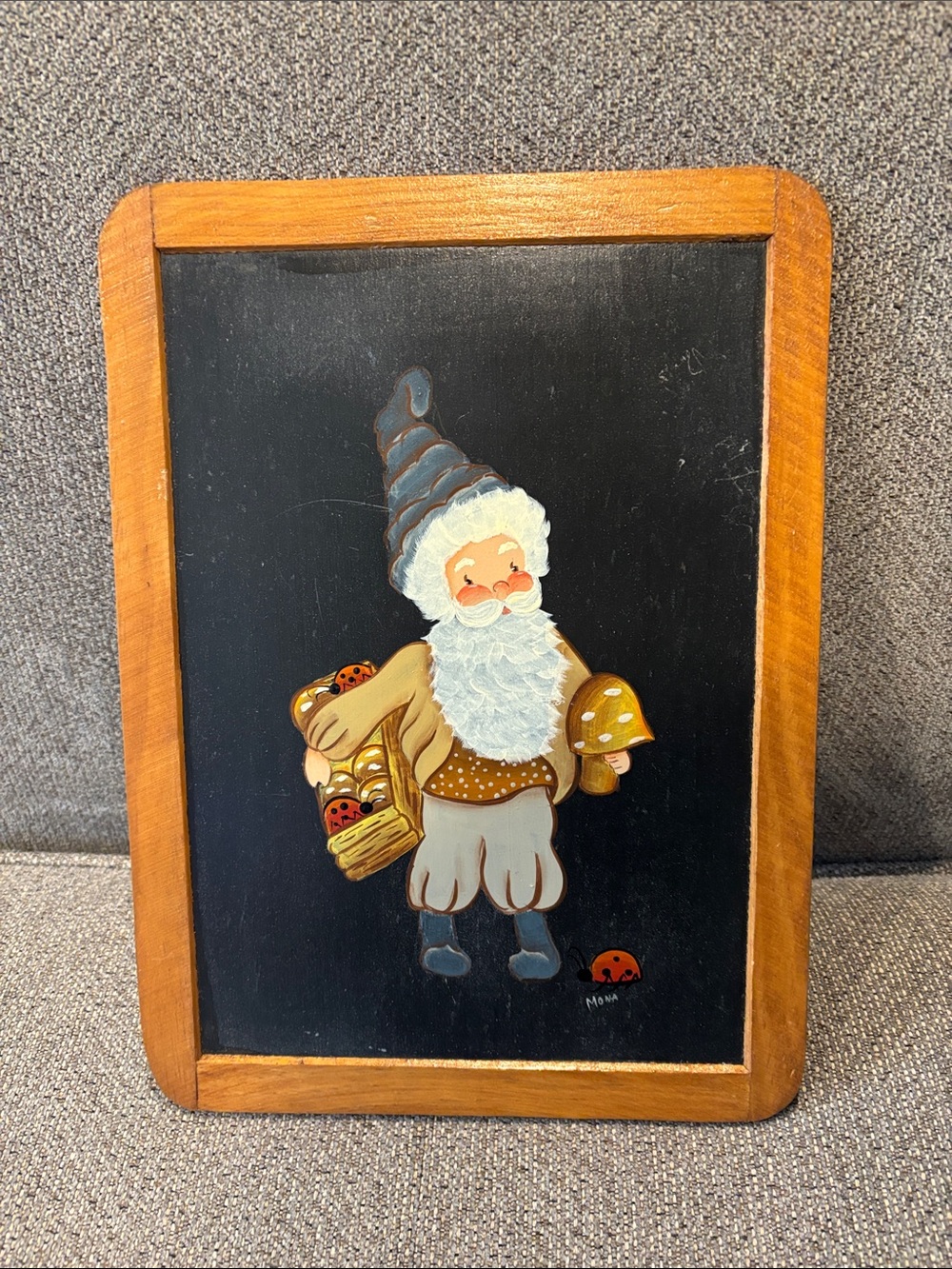 Hand-Painted Gnome Wall Art in Warm Wood Frame - Black Background